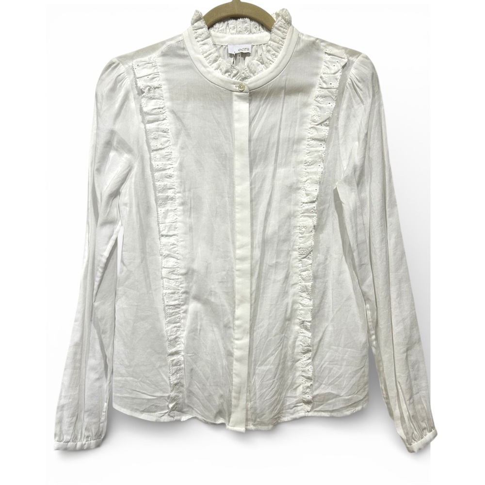 Ecru Fleurot Modern Romantic Ruffle Trim White Blouse Victorian Prairie Chic S